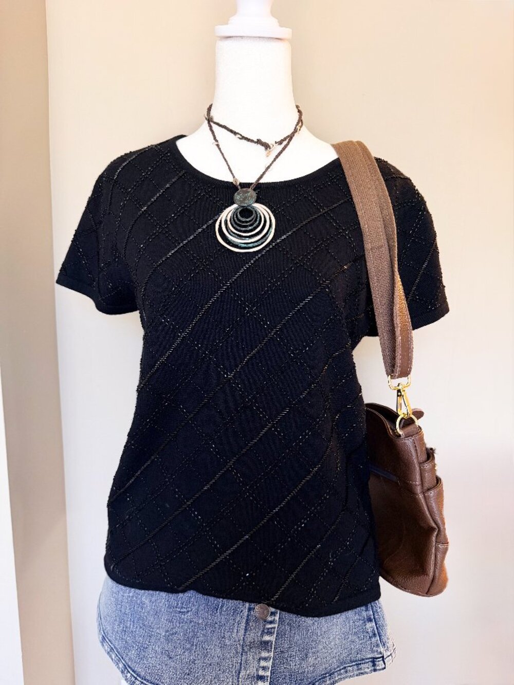 Talbots Black Beaded Tee - Size Medium